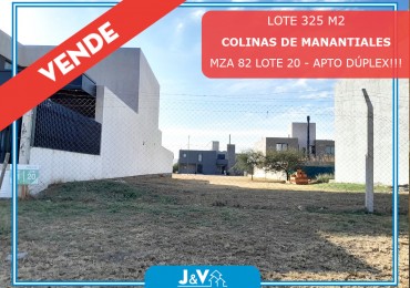 LOTE EN VENTA COLINAS DE MANANTIALES. 325 m2. APTO DUPLEX 